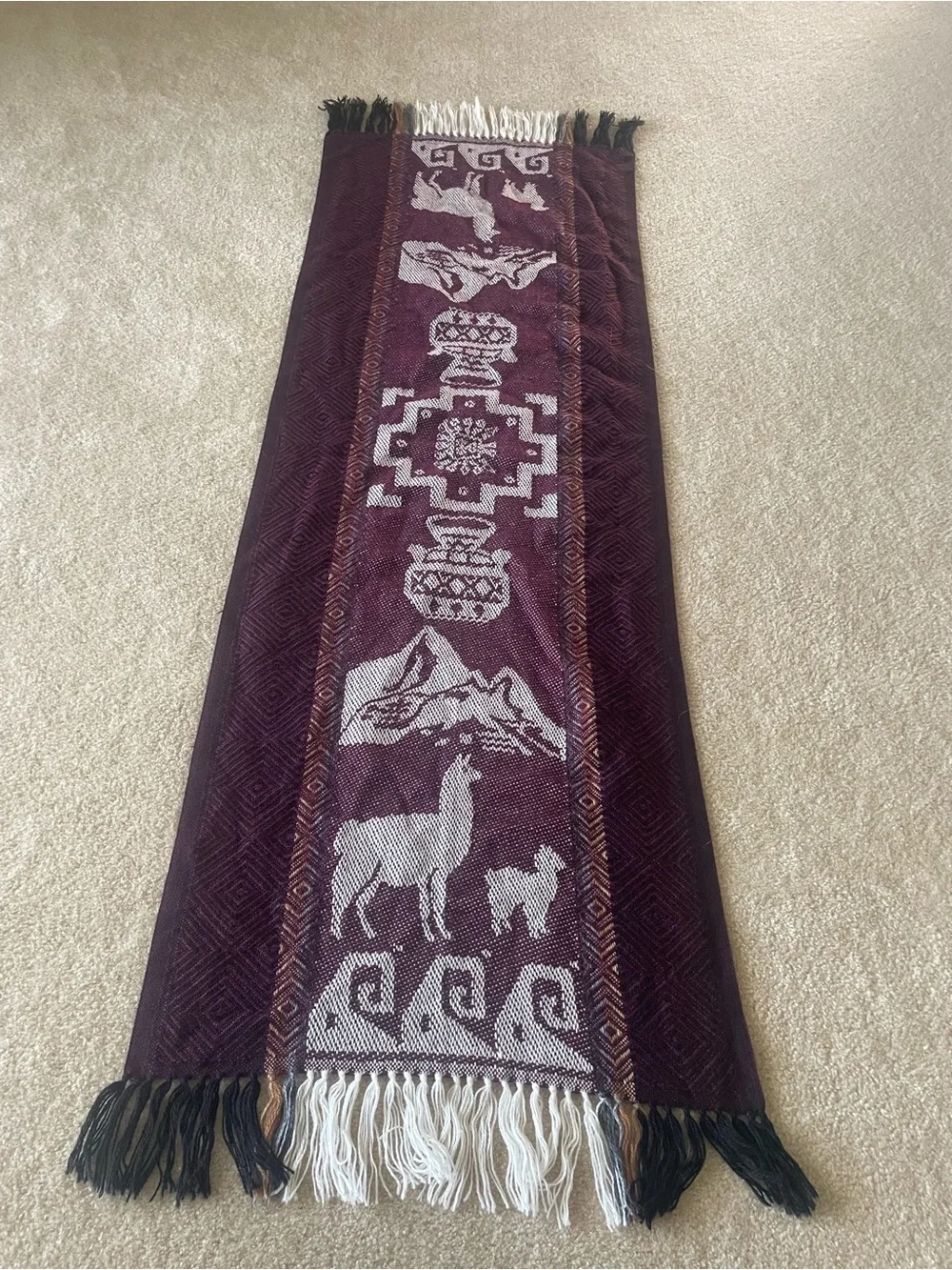 Handmade in Peru Patterned Tassel Scarf Vest - Burgundy Cream. OS
